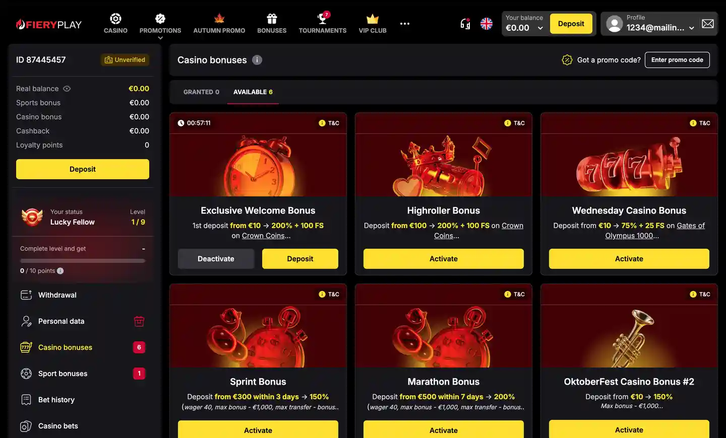 Fieryplay Casino Lietuva bonusų puslapis paskyroje